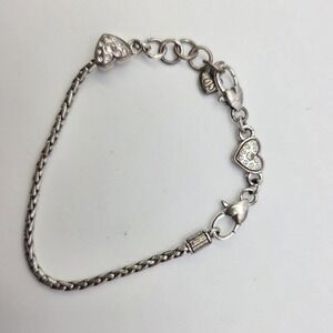 BRIGHTON Heart Charm Bracelet Crystal Accents Silver Plate‎ Wheat Chain 8"